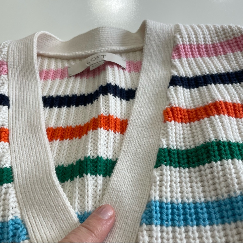 LOFT Summer Striped V-Neck Button Down Cardigan with Multi-Color Stripes, size M - Picture 9 of 10